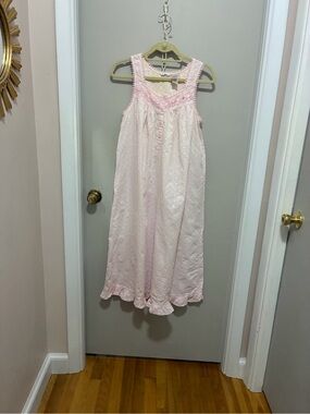 Vintage Adonna Pink Embroidered Sleeveless long Nightgown Soft Ruffle Trim